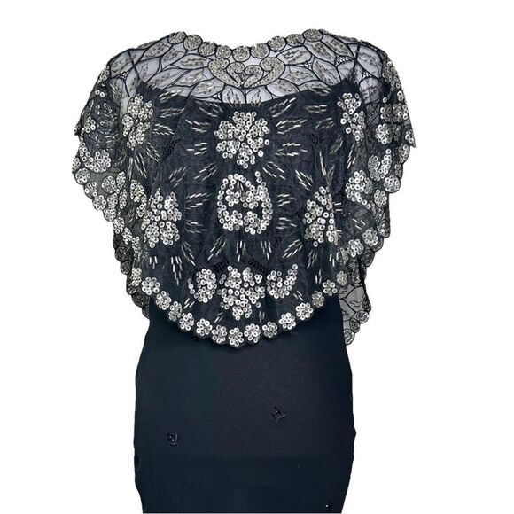 Vintage Jackets & Blazers - Vintage Beaded Sequin Capelet Top Black Silver Art Deco Y2K 90s Shrug